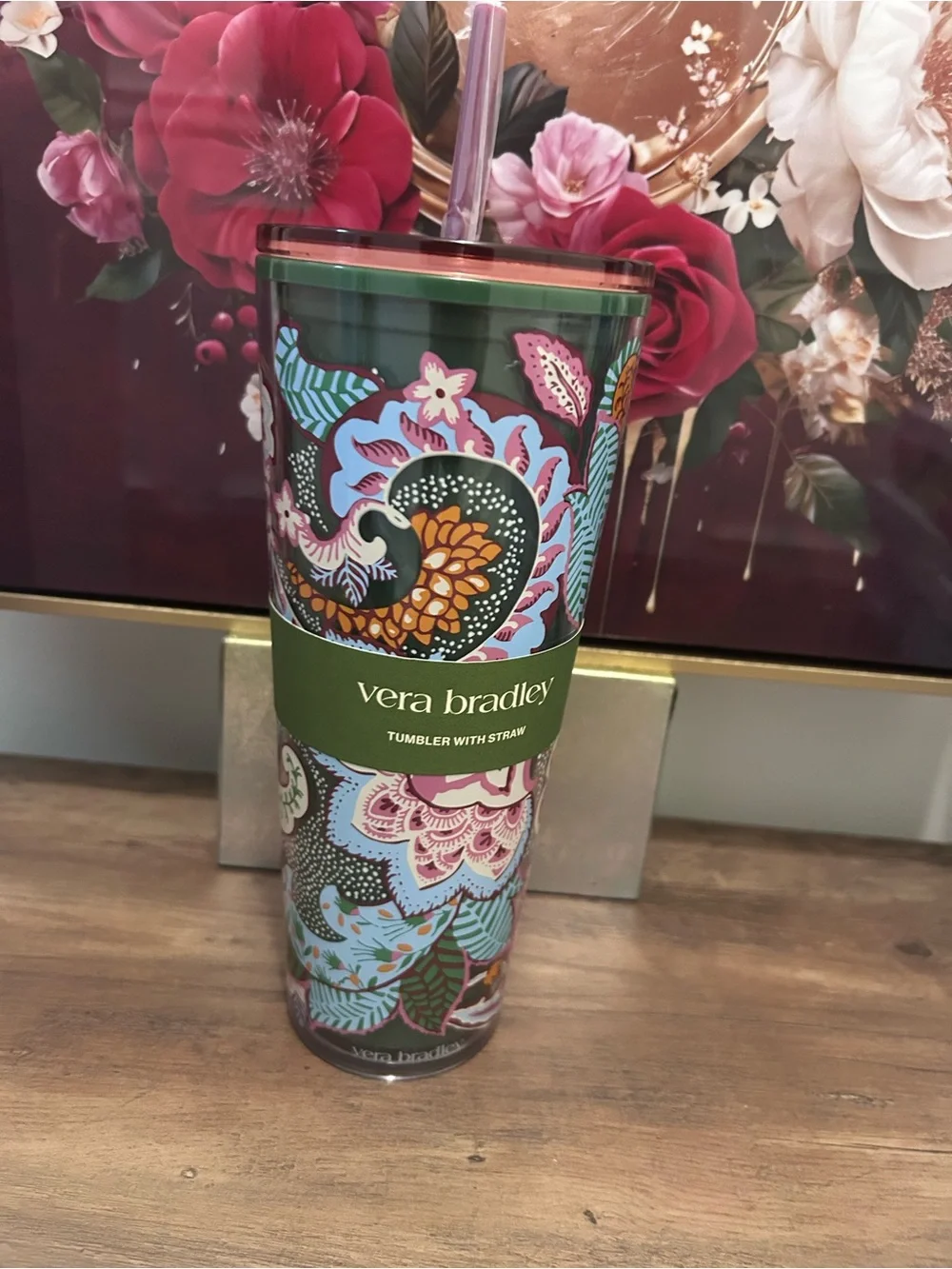 Vera Bradley Double Wall Tumbler with Straw in Leaf Me Not Paisley